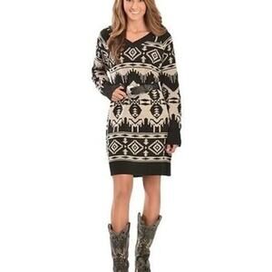 Woolrich Sweater Dress Black Beige Aztec Tribal Knit Long Sleeve Size M